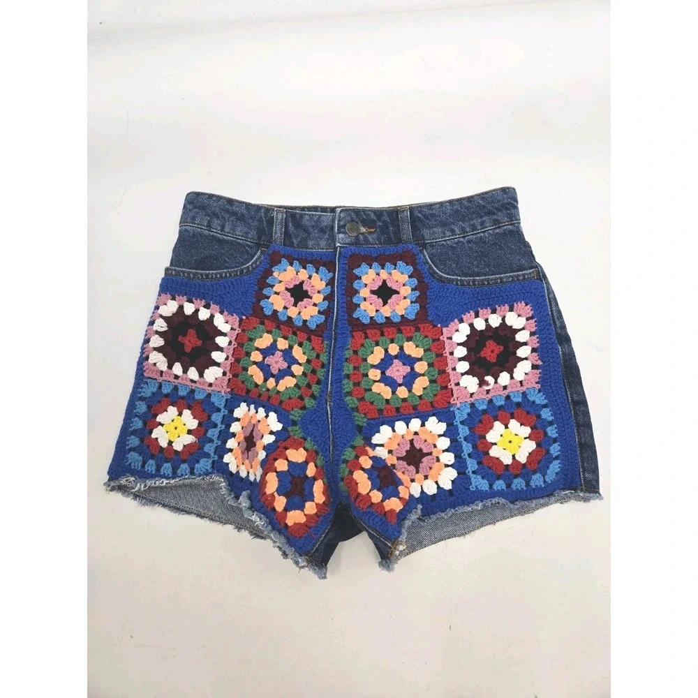 Farm Rio Denim Shorts Crochet Patches Size 29 Granny Square Cut Offs